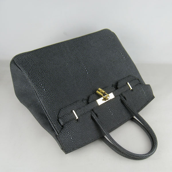 High Quality Fake Hermes Birkin 35CM Pearl Veins Leather Bag Black 6089 - Click Image to Close